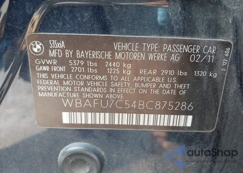 2011 BMW 535I xDrive из США, поврежденный, VIN WBAFU7C54BC875286